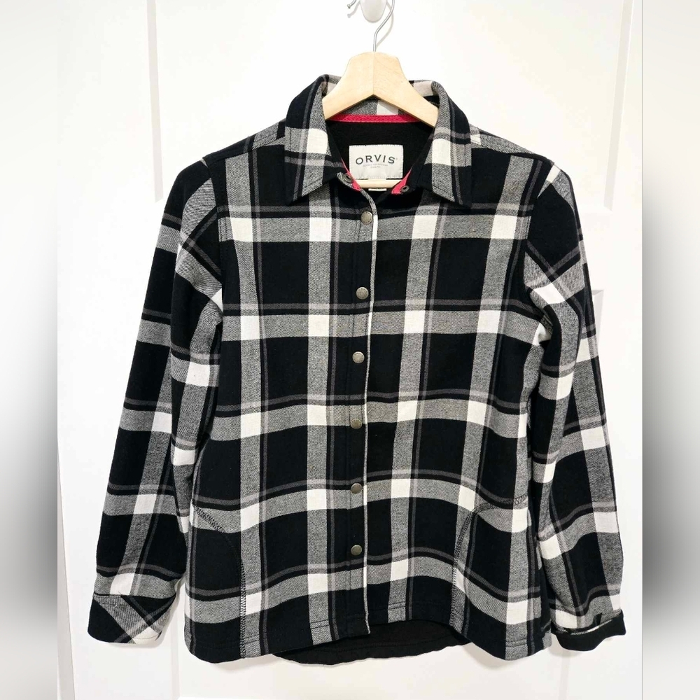 Orvis‎ Black and White Plaid Button Down Shirt Lined Jacket size Medium